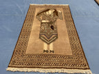 3×5 Ft Handmade Afghan Figure Rug, Vintage Wool Tribal Area Rug, Brown Pictorial Carpet