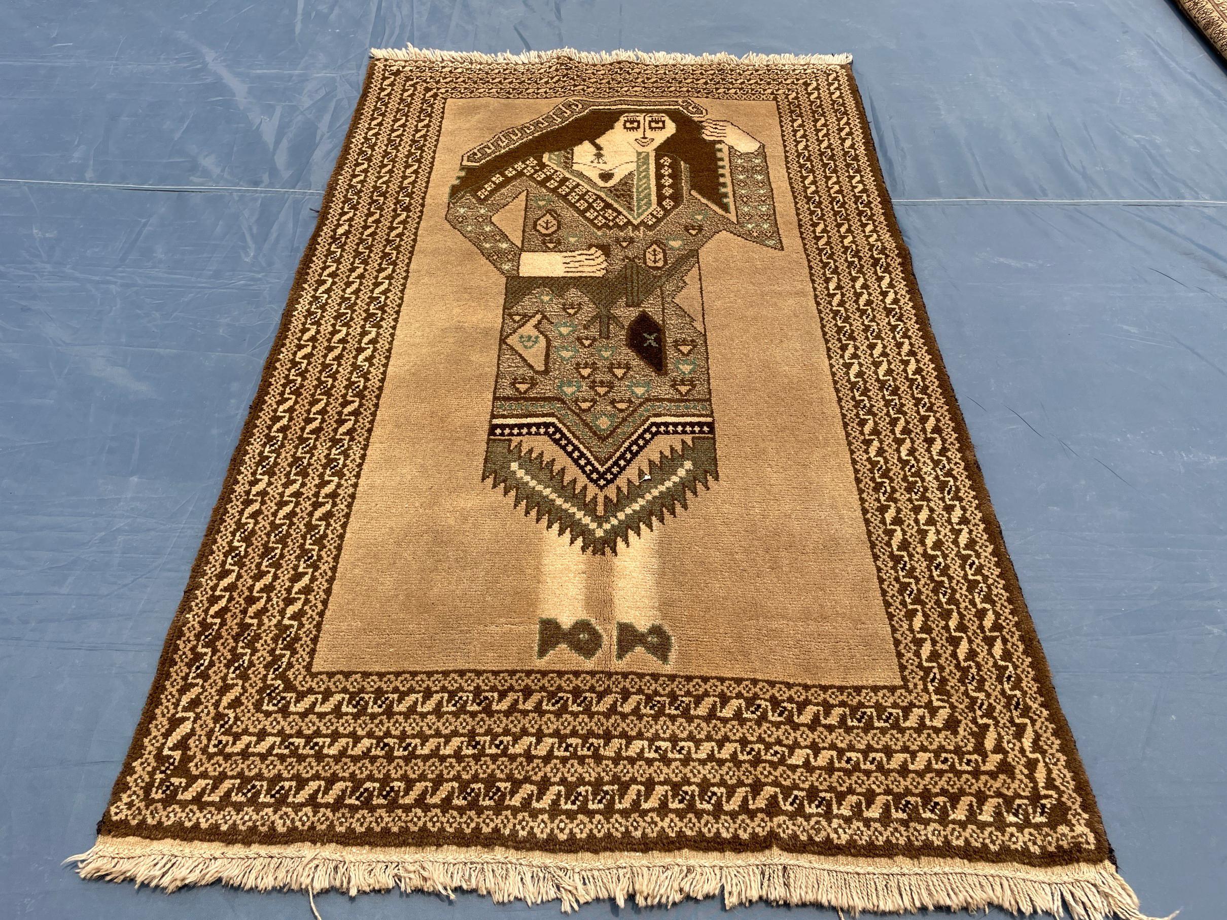 3×5 Ft Handmade Afghan Figure Rug, Vintage Wool Tribal Area Rug, Brown Pictorial Carpet