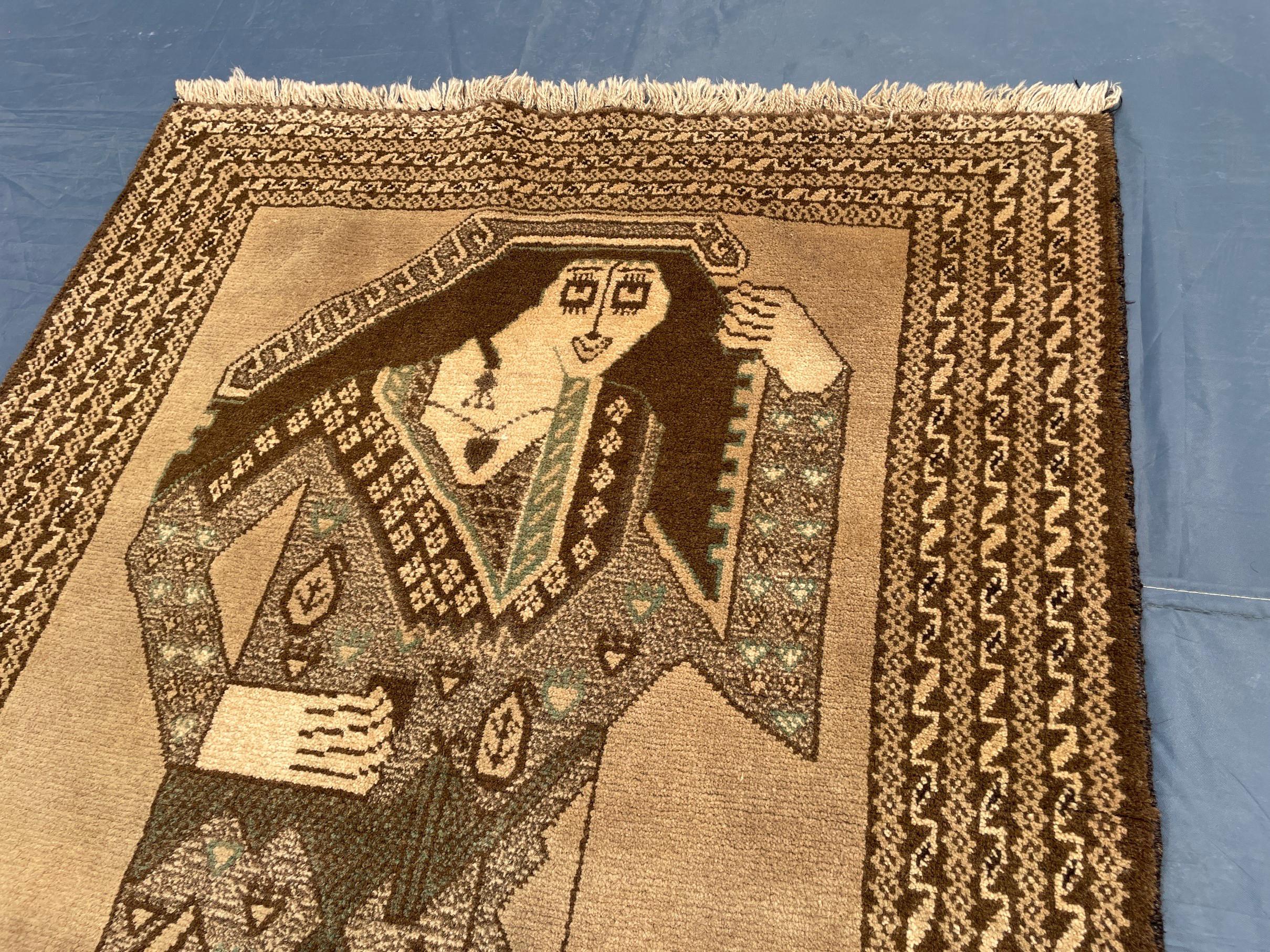 3×5 Ft Handmade Afghan Figure Rug, Vintage Wool Tribal Area Rug, Brown Pictorial Carpet