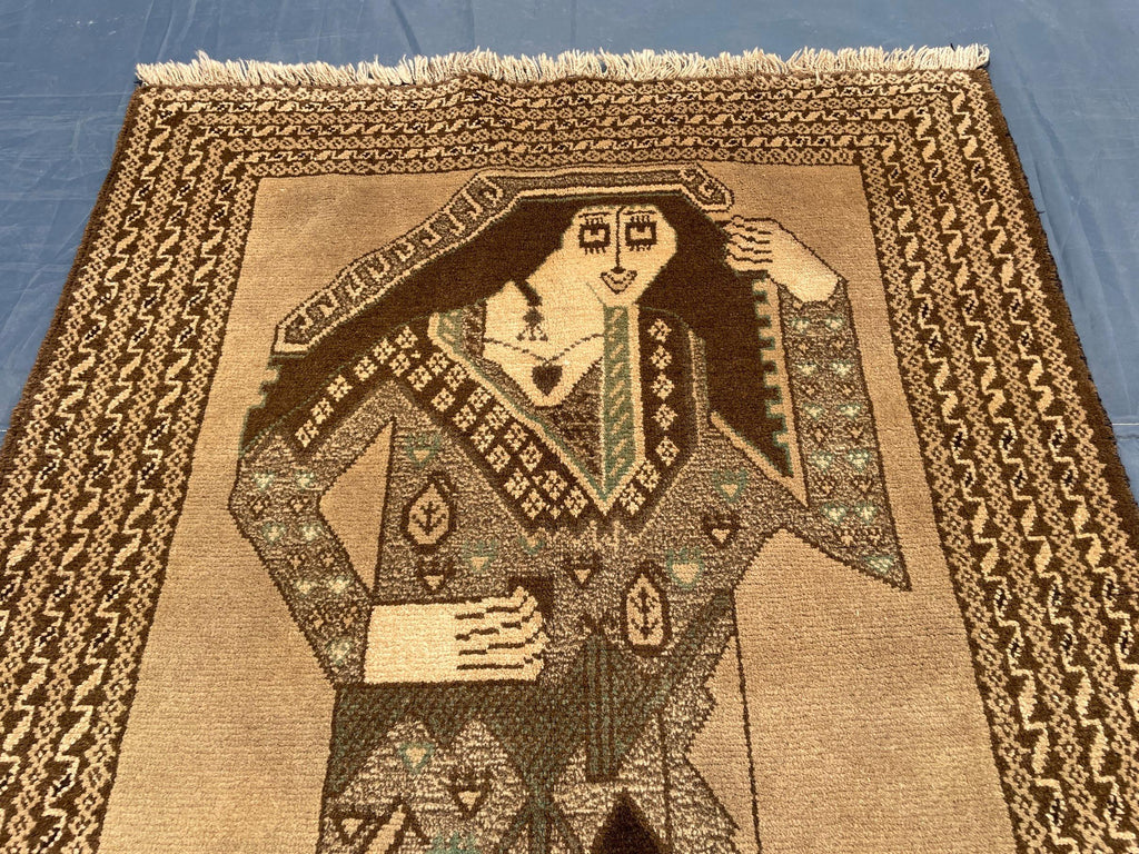 3×5 Ft Handmade Afghan Figure Rug, Vintage Wool Tribal Area Rug, Brown Pictorial Carpet