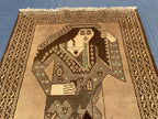 3×5 Ft Handmade Afghan Figure Rug, Vintage Wool Tribal Area Rug, Brown Pictorial Carpet