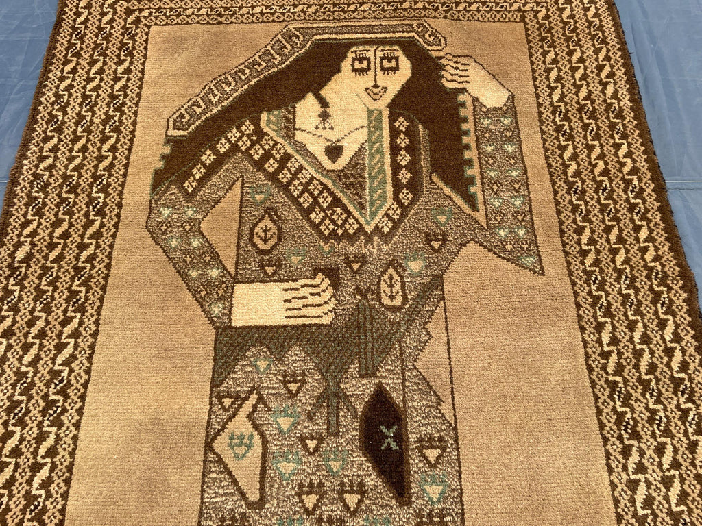 3×5 Ft Handmade Afghan Figure Rug, Vintage Wool Tribal Area Rug, Brown Pictorial Carpet