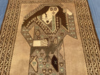 3×5 Ft Handmade Afghan Figure Rug, Vintage Wool Tribal Area Rug, Brown Pictorial Carpet