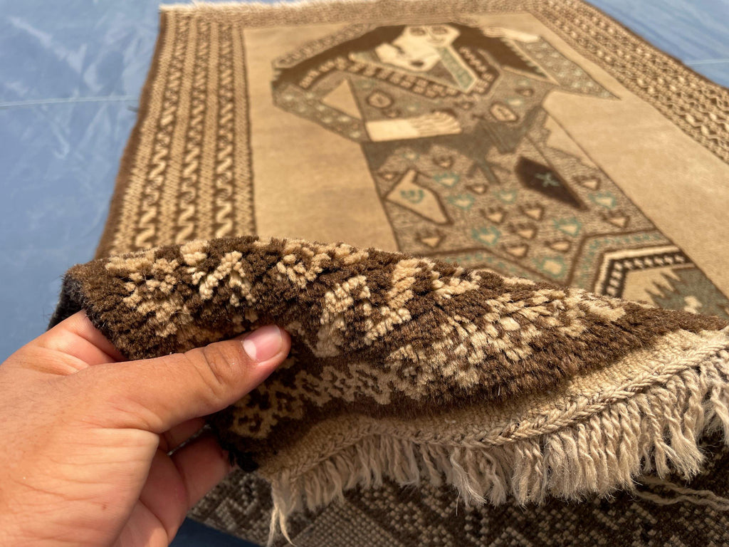 3×5 Ft Handmade Afghan Figure Rug, Vintage Wool Tribal Area Rug, Brown Pictorial Carpet