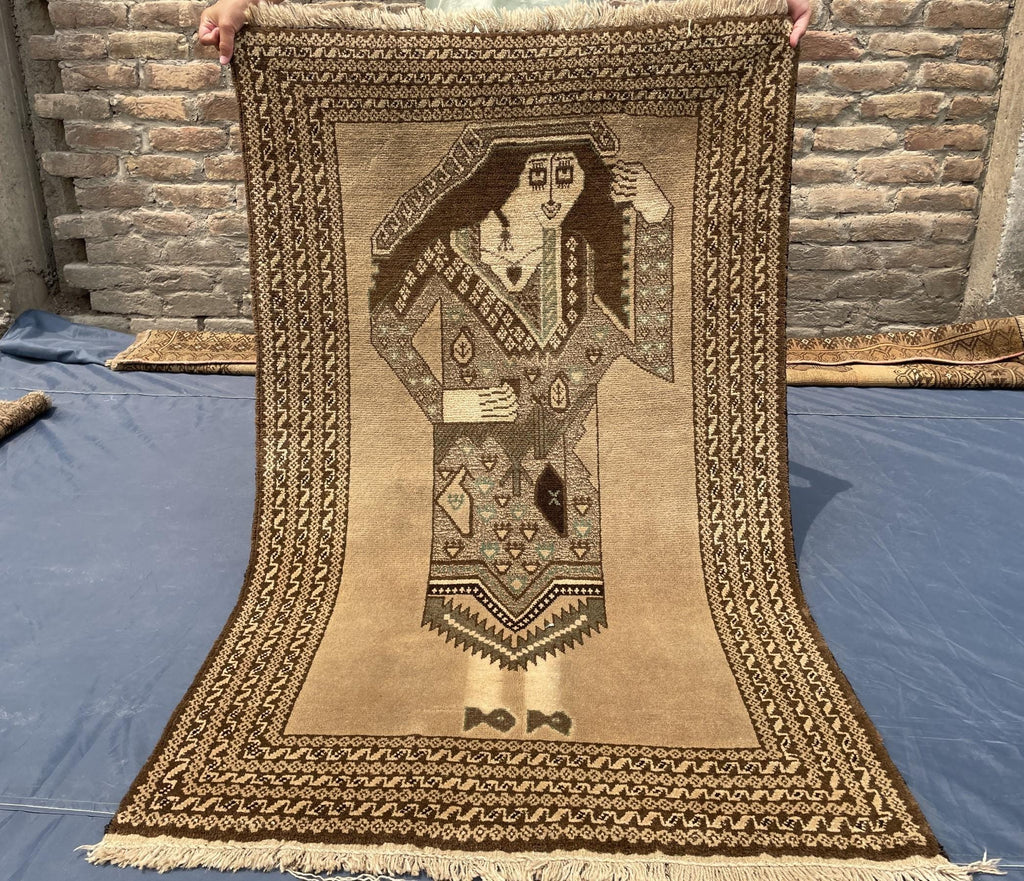3×5 Ft Handmade Afghan Figure Rug, Vintage Wool Tribal Area Rug, Brown Pictorial Carpet