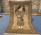 3×5 Ft Handmade Afghan Figure Rug, Vintage Wool Tribal Area Rug, Brown Pictorial Carpet