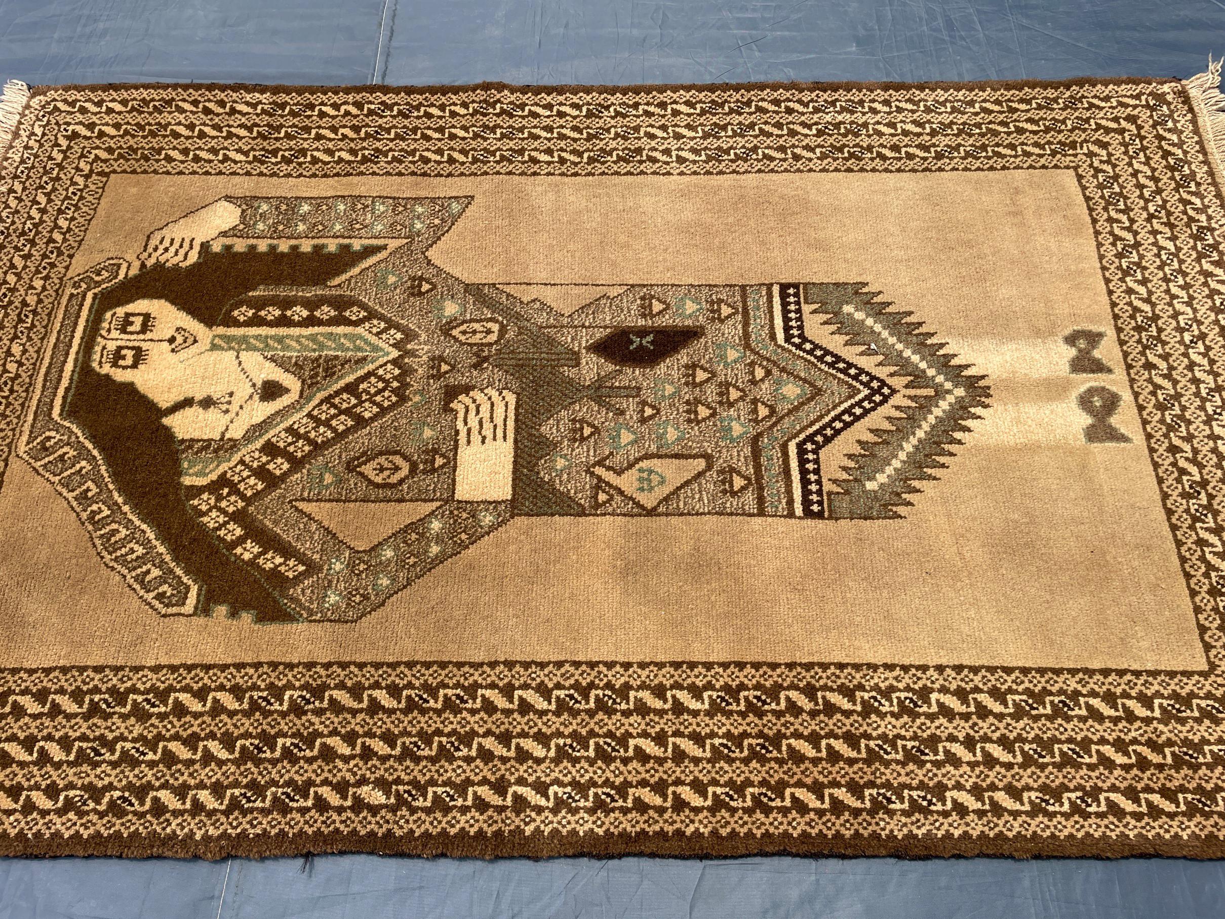 3×5 Ft Handmade Afghan Figure Rug, Vintage Wool Tribal Area Rug, Brown Pictorial Carpet