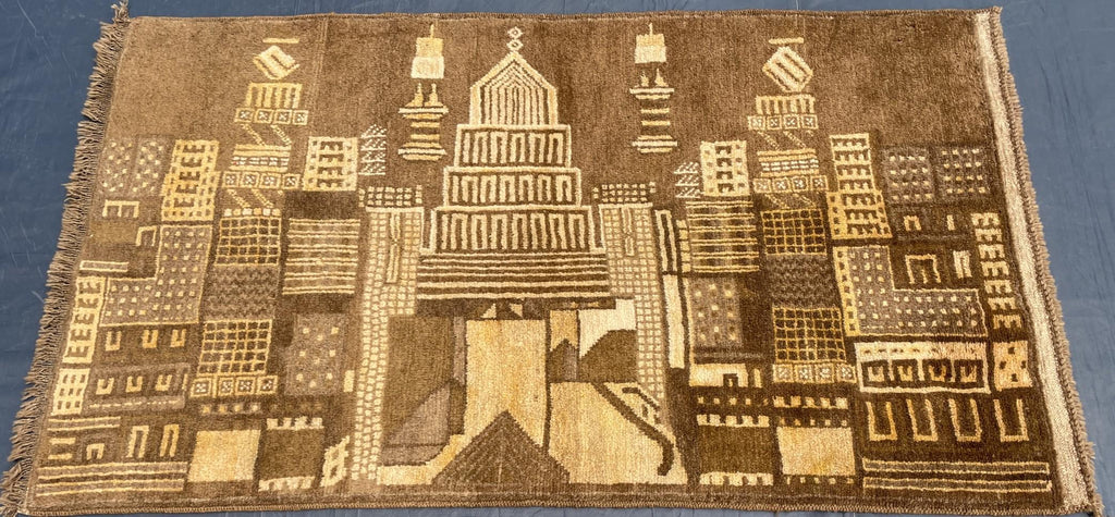 Vintage Handmade Brown Wool Rug 3x5 ft - Wall Hanging Pictorial Rug