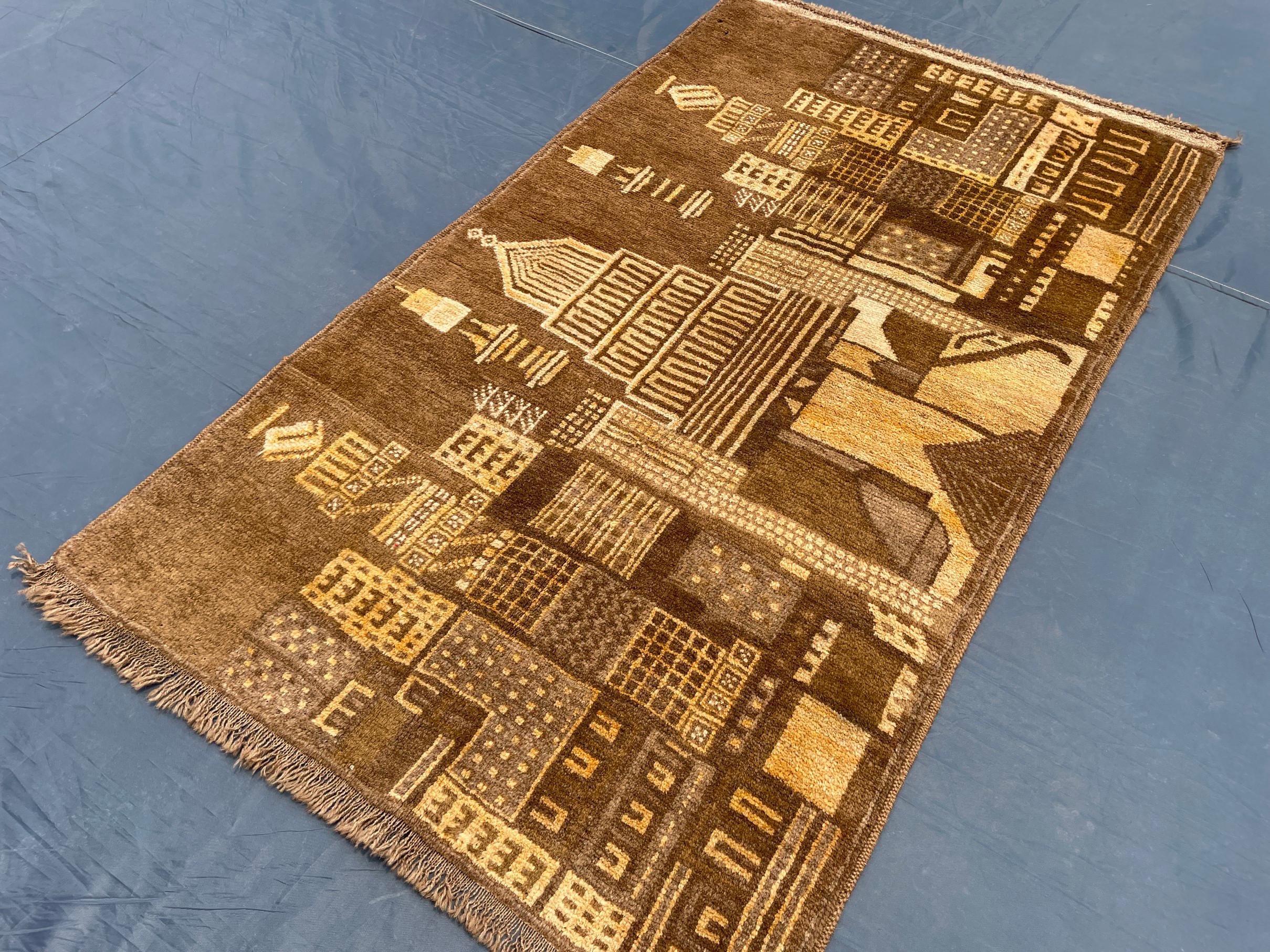 Vintage Handmade Brown Wool Rug 3x5 ft - Wall Hanging Pictorial Rug