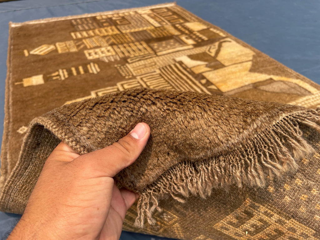 Vintage Handmade Brown Wool Rug 3x5 ft - Wall Hanging Pictorial Rug