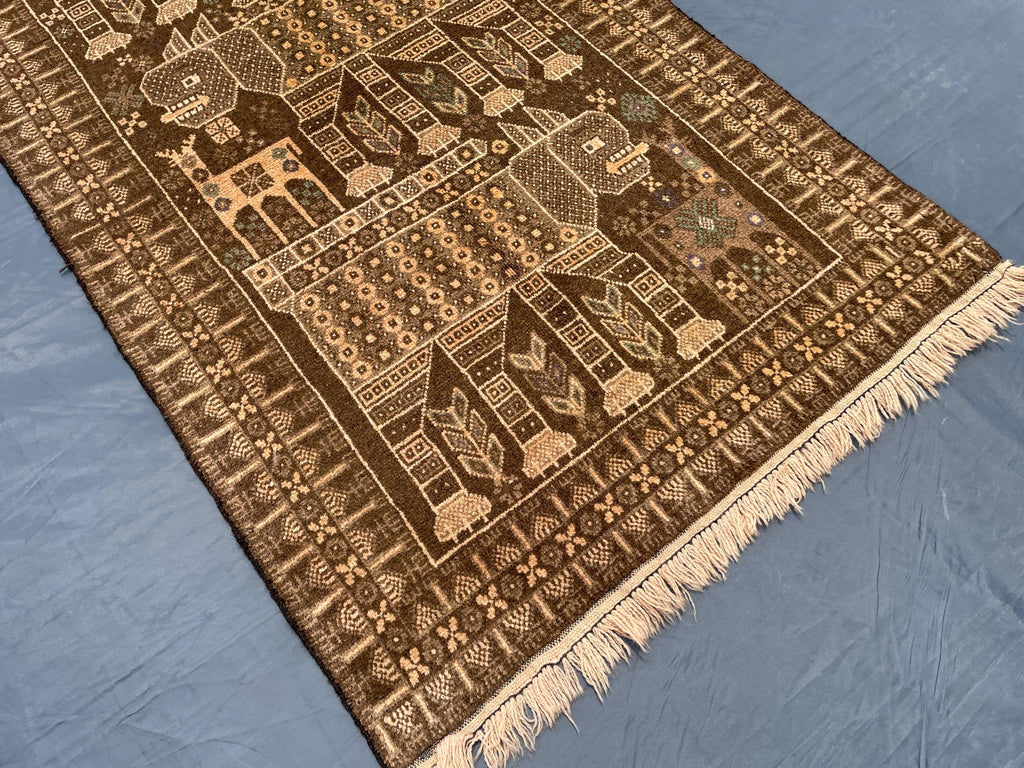 Vintage Pictorial Baluchi Handmade Wool Tribal Carpet - Rug for Living Room - 3x5 ft