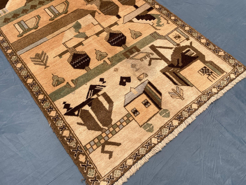 Afghan Vintage Baluchi Pictorial Wool Tribal Rug - 3x5 ft Area Carpet for Bedroom