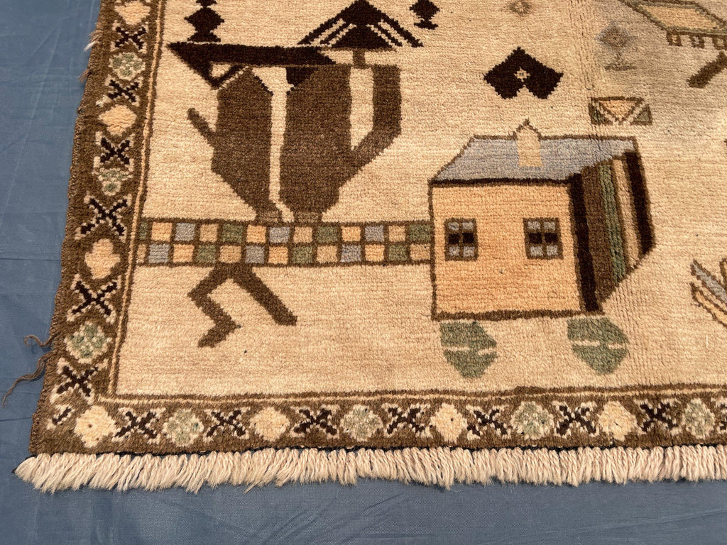 Afghan Vintage Baluchi Pictorial Wool Tribal Rug - 3x5 ft Area Carpet for Bedroom