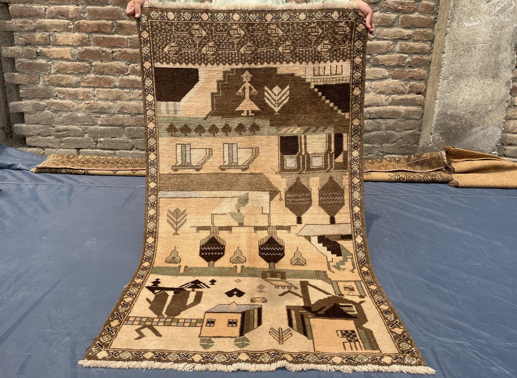 Afghan Vintage Baluchi Pictorial Wool Tribal Rug - 3x5 ft Area Carpet for Bedroom