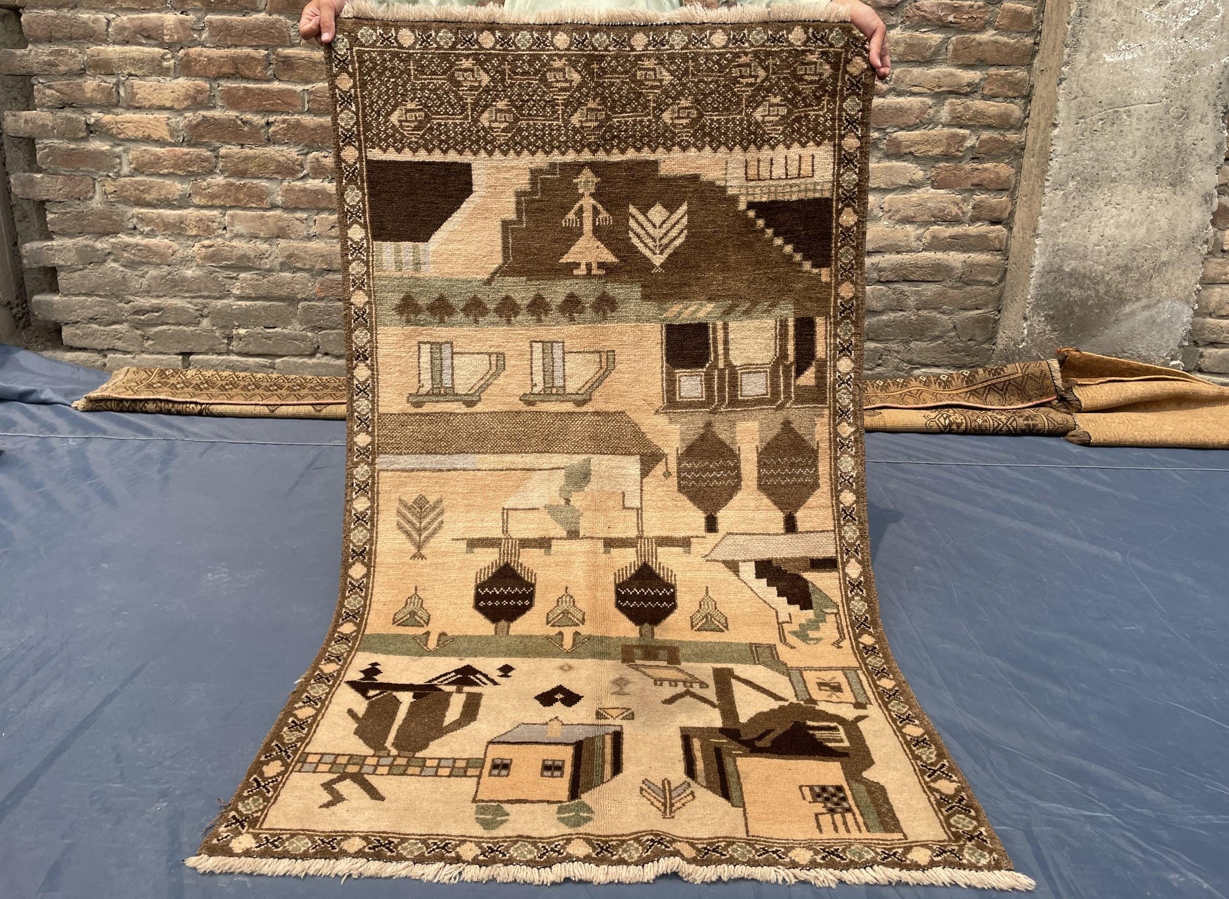 Afghan Vintage Baluchi Pictorial Wool Tribal Rug - 3x5 ft Area Carpet for Bedroom