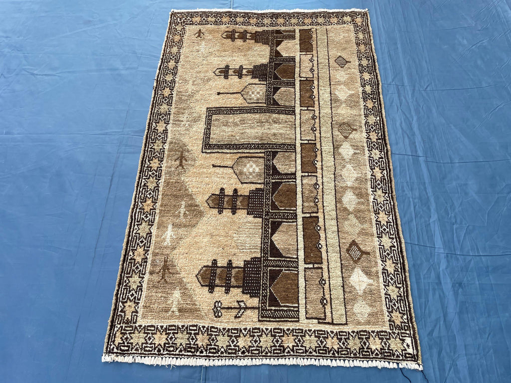 3x5 ft Vintage Baluchi Pictorial Wool Handmade Accent Rug