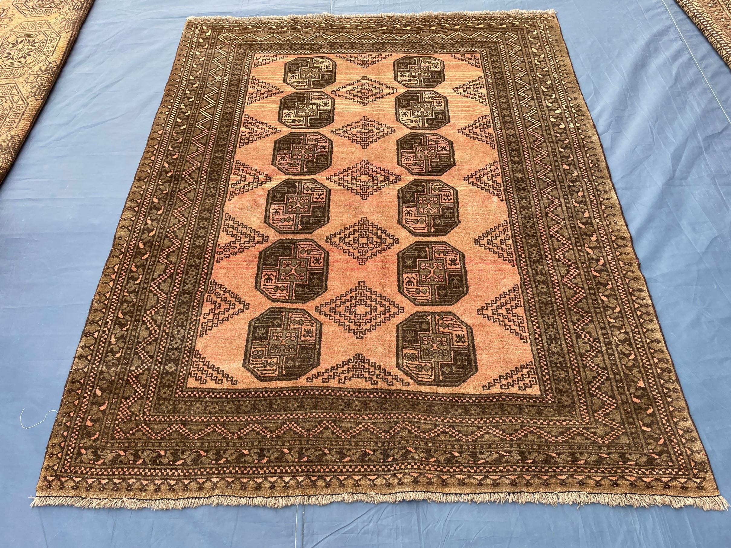 Beige & Brown Afghan Baluchi Rug 5x6 Ft, Handmade Wool Tribal Area Rug, Vintage Geometric Carpet, Oriental Boho Home Decor
