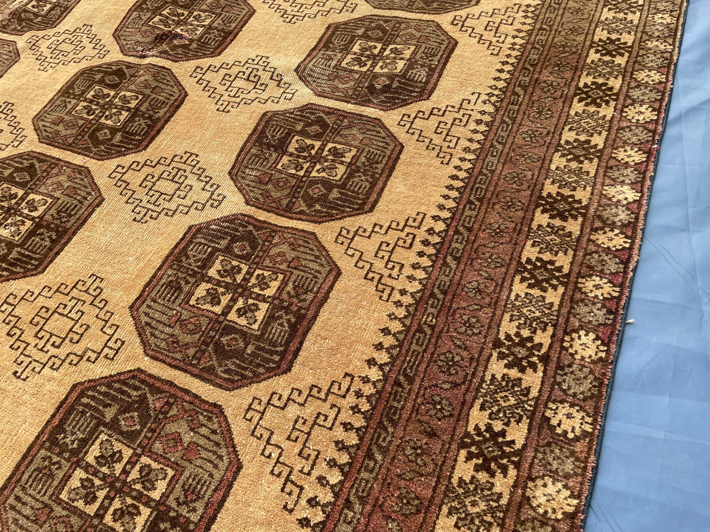 Large Afghan Tribal Rug 6x8 Ft, Handmade Wool Baluchi Carpet, Beige & Burgundy Bokhara Vintage Gul Rug