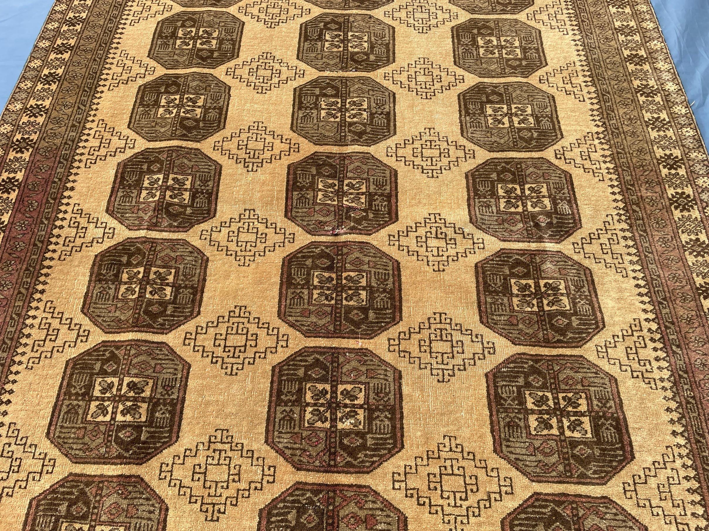 Large Afghan Tribal Rug 6x8 Ft, Handmade Wool Baluchi Carpet, Beige & Burgundy Bokhara Vintage Gul Rug