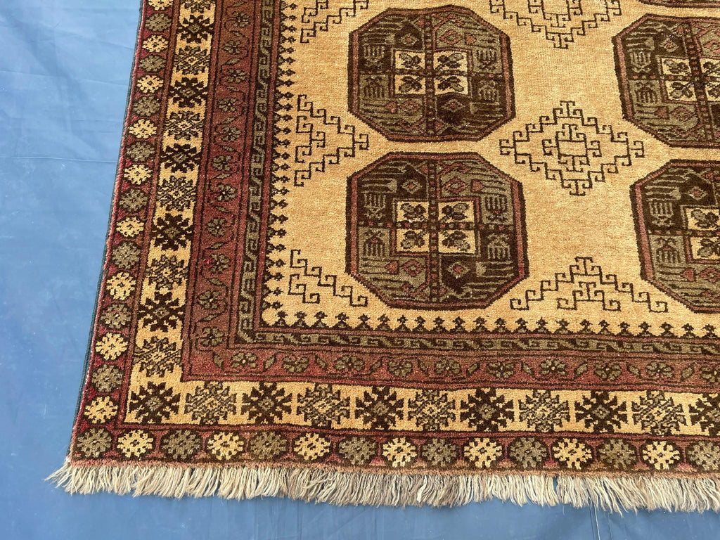 Large Afghan Tribal Rug 6x8 Ft, Handmade Wool Baluchi Carpet, Beige & Burgundy Bokhara Vintage Gul Rug