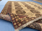 Large Afghan Tribal Rug 6x8 Ft, Handmade Wool Baluchi Carpet, Beige & Burgundy Bokhara Vintage Gul Rug
