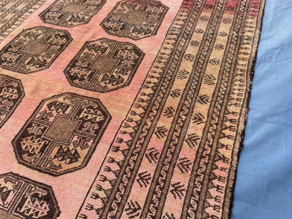 Blush Pink Afghan Baluchi Rug, 6.11x4.7 Ft, Handmade Wool Tribal Carpet - Oriental Geometric Living Room Decor