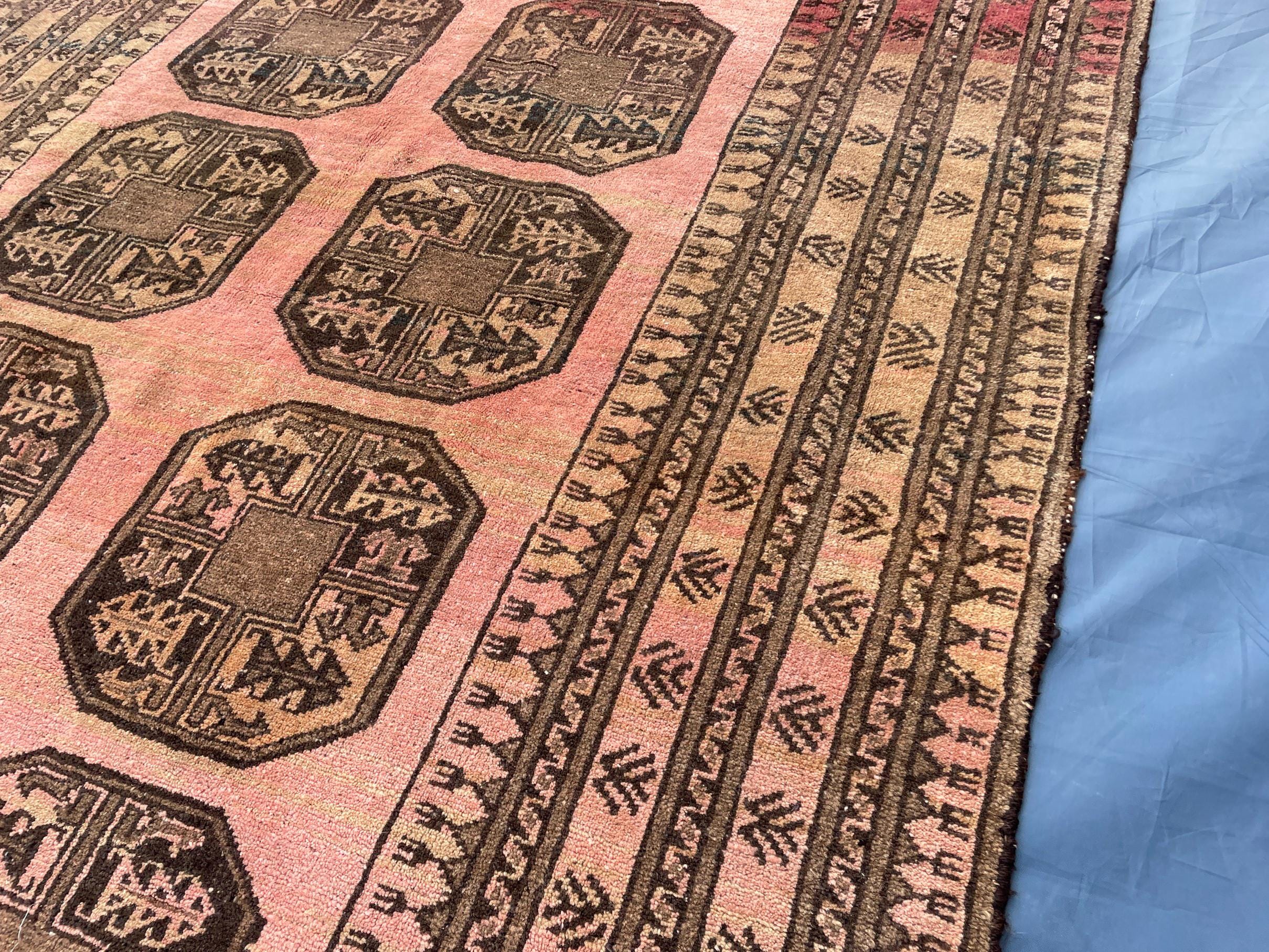 Blush Pink Afghan Baluchi Rug, 6.11x4.7 Ft, Handmade Wool Tribal Carpet - Oriental Geometric Living Room Decor