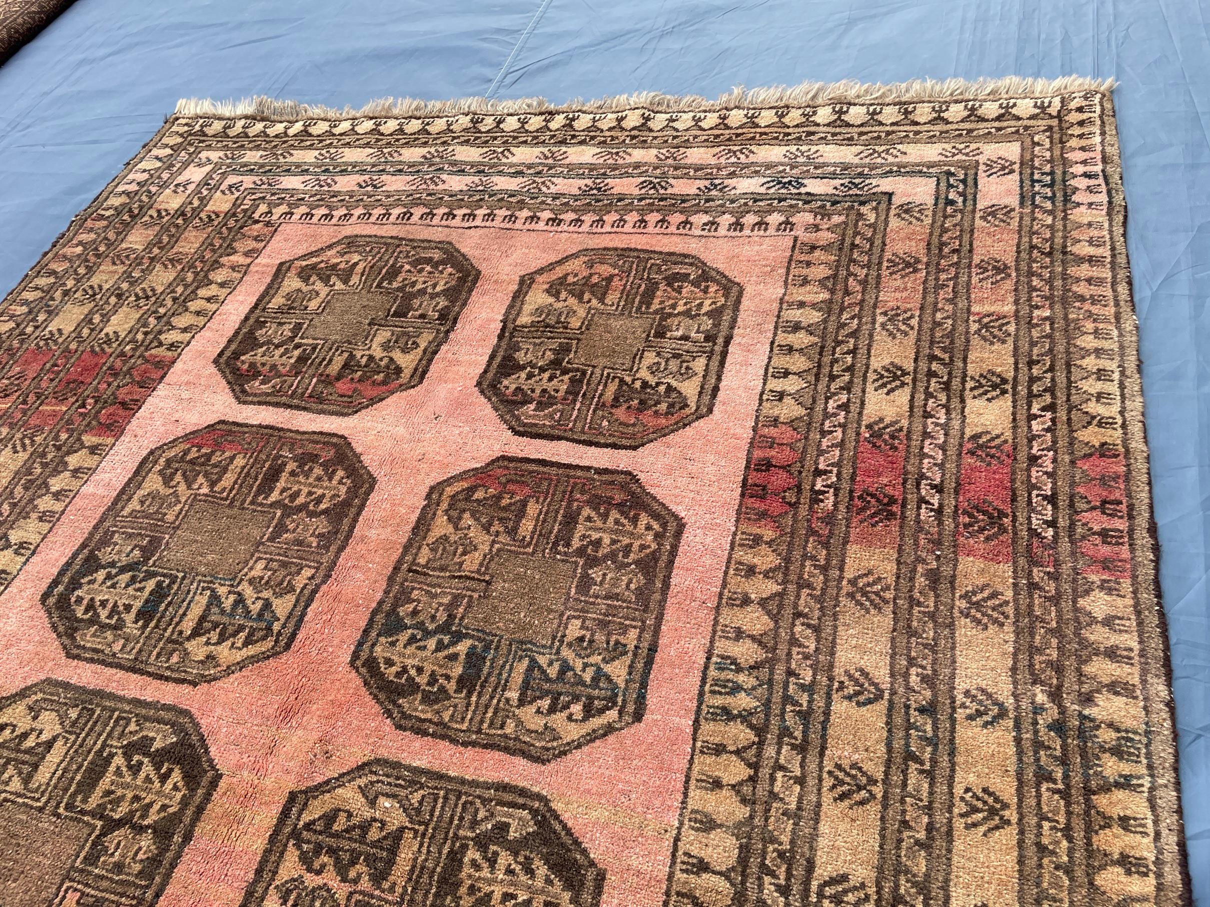 Blush Pink Afghan Baluchi Rug, 6.11x4.7 Ft, Handmade Wool Tribal Carpet - Oriental Geometric Living Room Decor