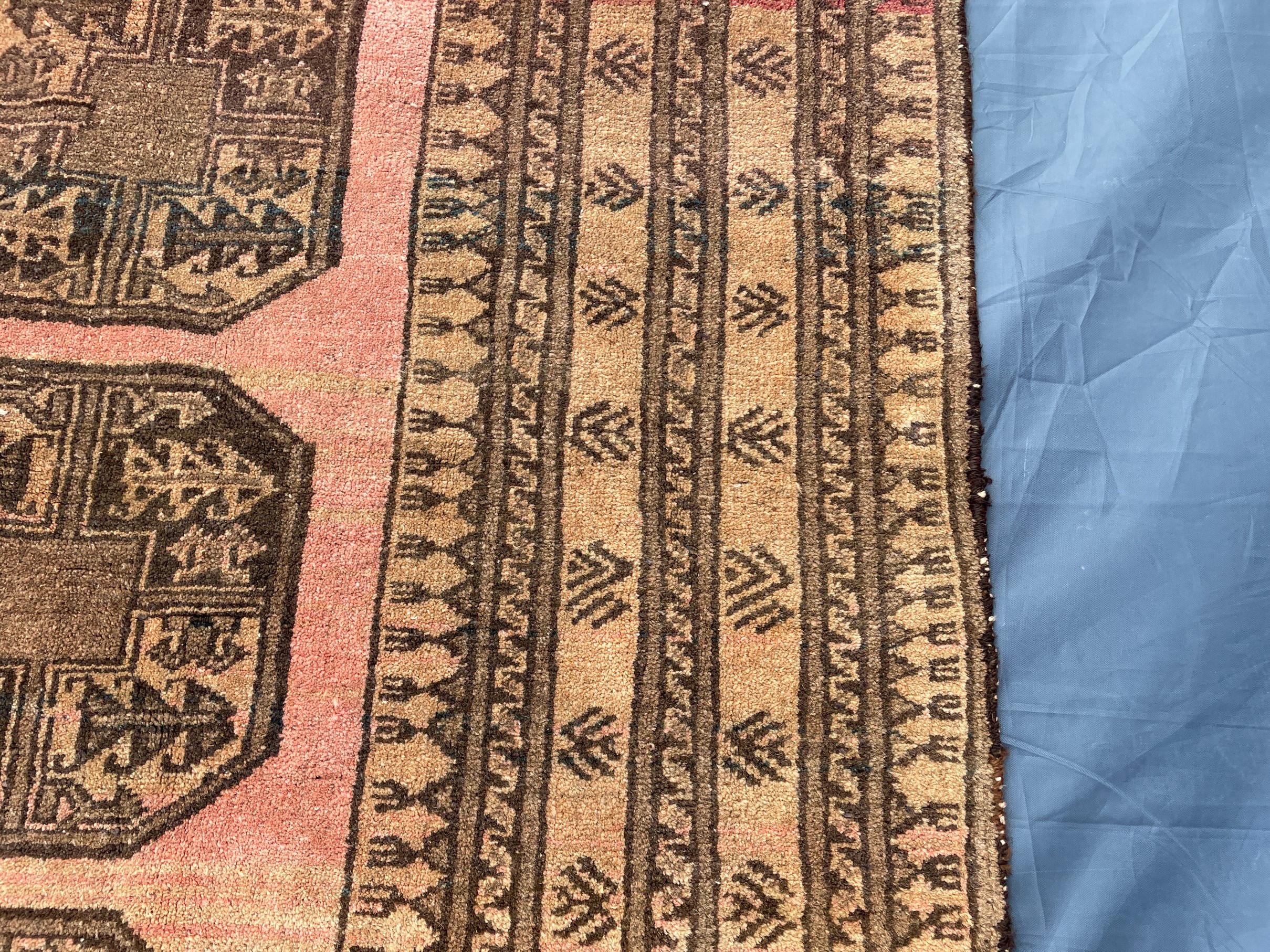 Blush Pink Afghan Baluchi Rug, 6.11x4.7 Ft, Handmade Wool Tribal Carpet - Oriental Geometric Living Room Decor