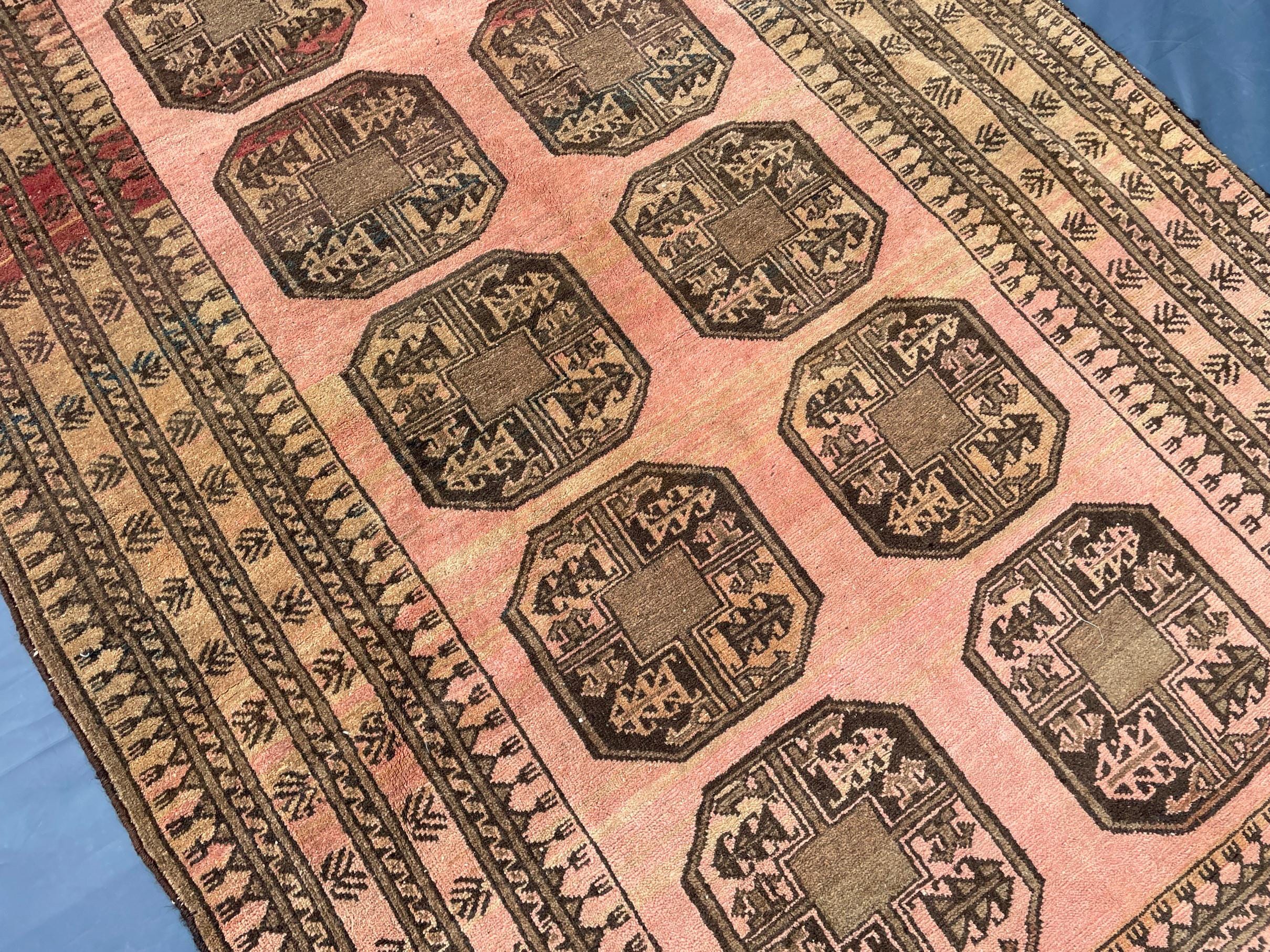 Blush Pink Afghan Baluchi Rug, 6.11x4.7 Ft, Handmade Wool Tribal Carpet - Oriental Geometric Living Room Decor