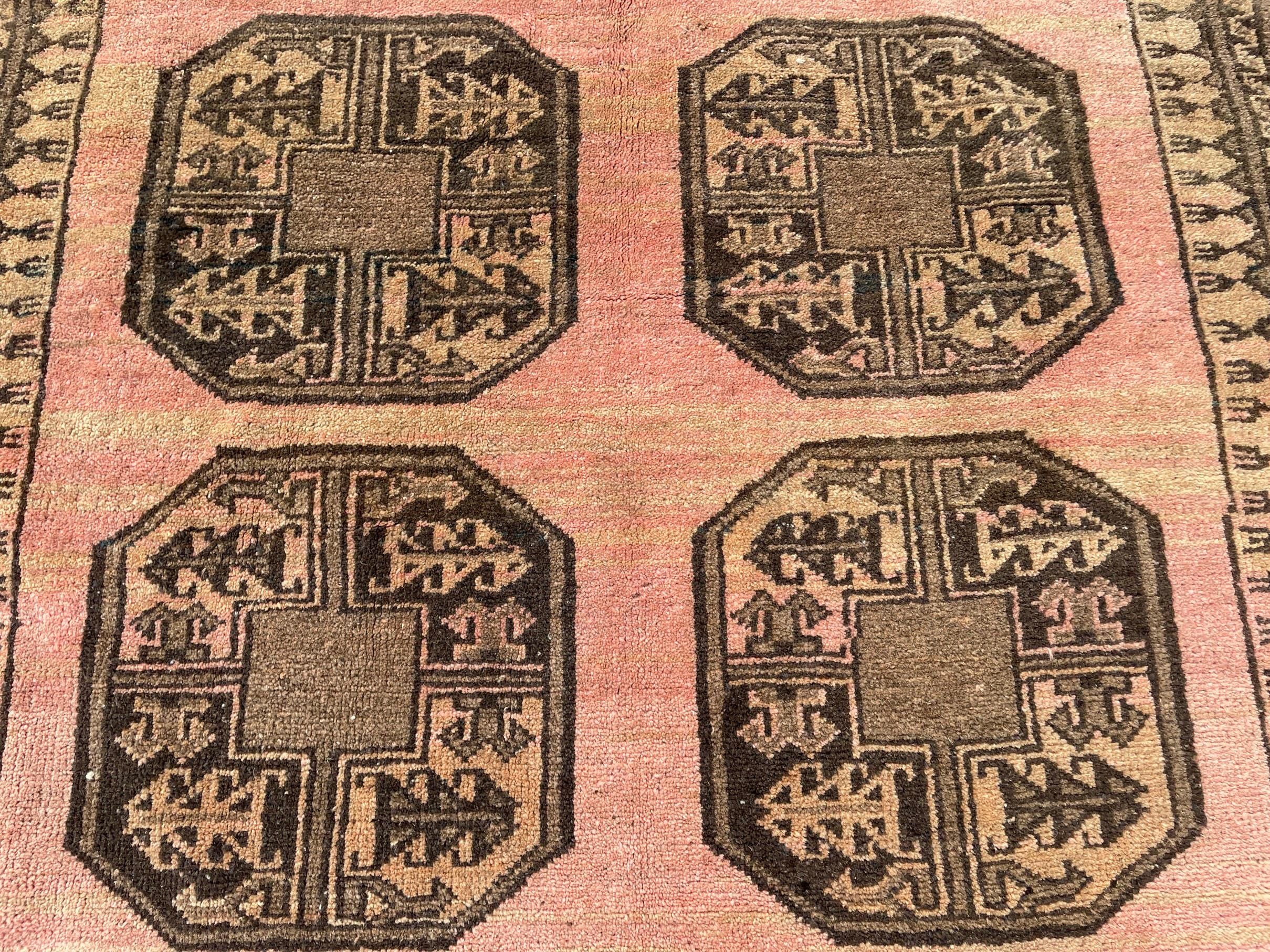 Blush Pink Afghan Baluchi Rug, 6.11x4.7 Ft, Handmade Wool Tribal Carpet - Oriental Geometric Living Room Decor