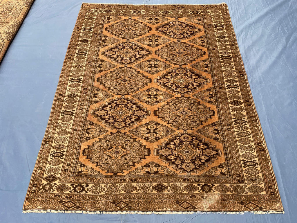 Brown Handwoven Antique Afghan Geometric Turkmen Wool Rug - 5.10x 4.4 ft - Rustic Home decor