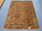 Brown Handwoven Antique Afghan Geometric Turkmen Wool Rug - 5.10x 4.4 ft - Rustic Home decor