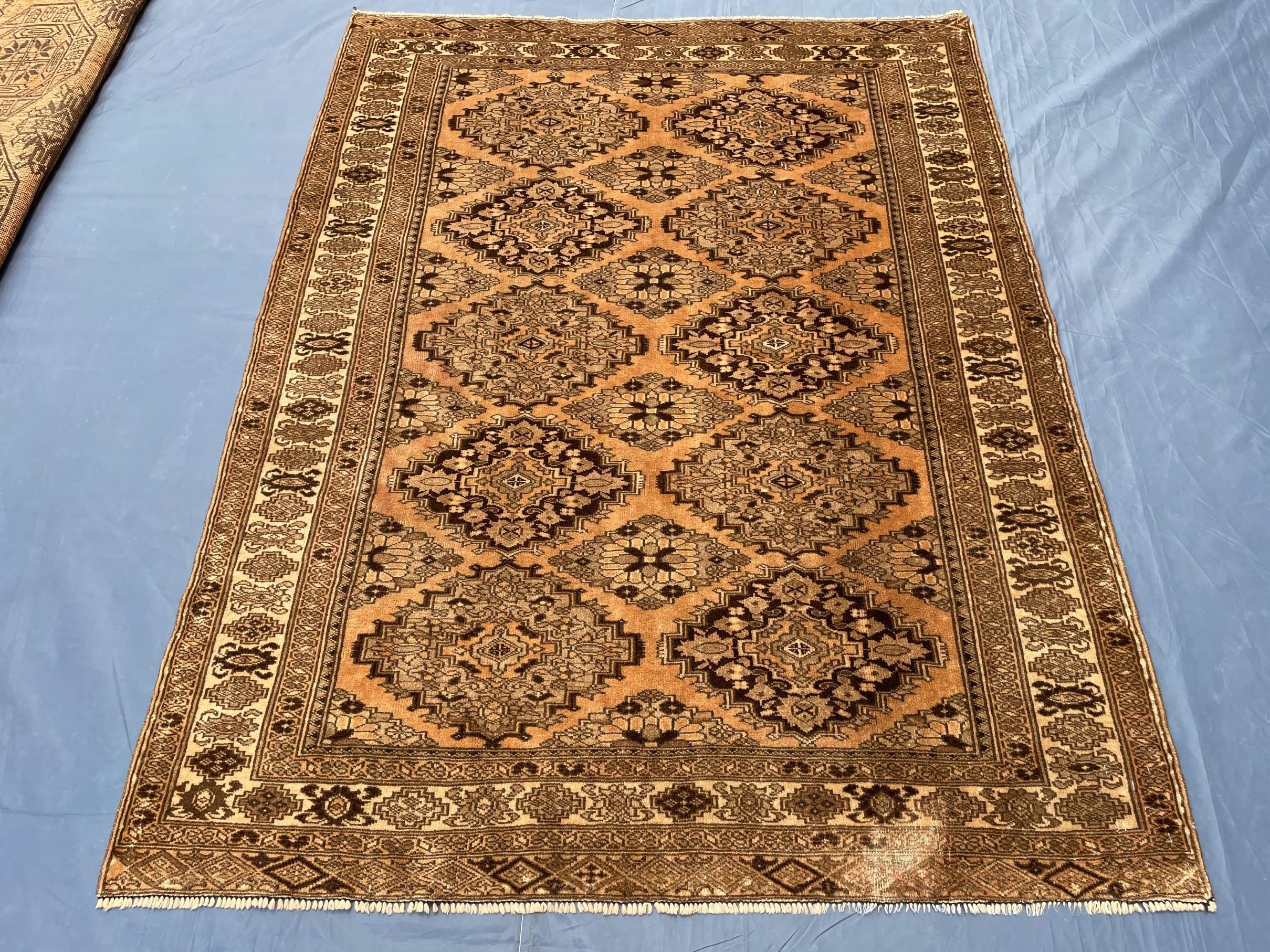 Brown Handwoven Antique Afghan Geometric Turkmen Wool Rug - 5.10x 4.4 ft - Rustic Home decor