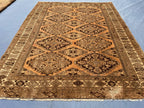 Brown Handwoven Antique Afghan Geometric Turkmen Wool Rug - 5.10x 4.4 ft - Rustic Home decor