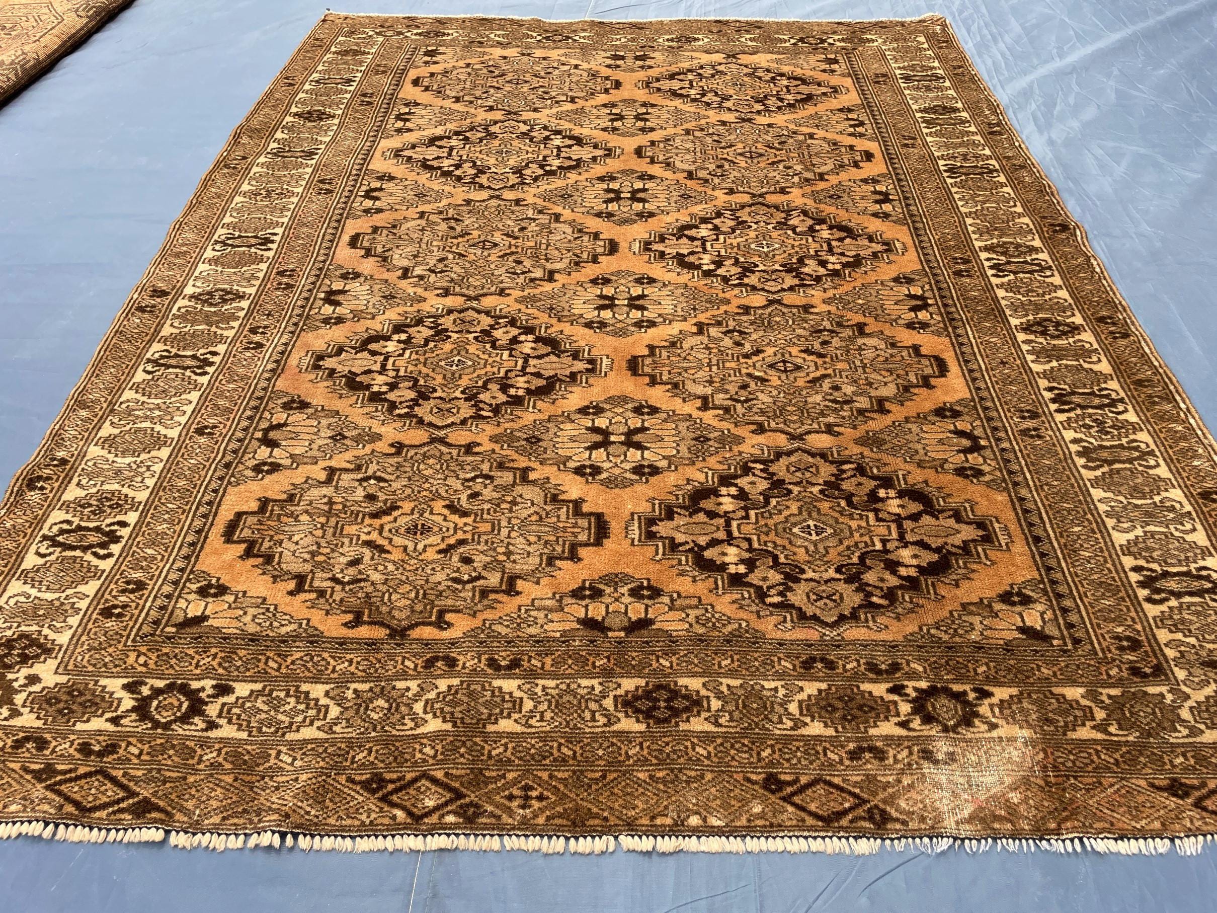 Brown Handwoven Antique Afghan Geometric Turkmen Wool Rug - 5.10x 4.4 ft - Rustic Home decor