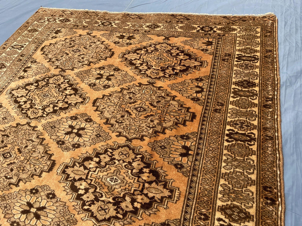 Brown Handwoven Antique Afghan Geometric Turkmen Wool Rug - 5.10x 4.4 ft - Rustic Home decor
