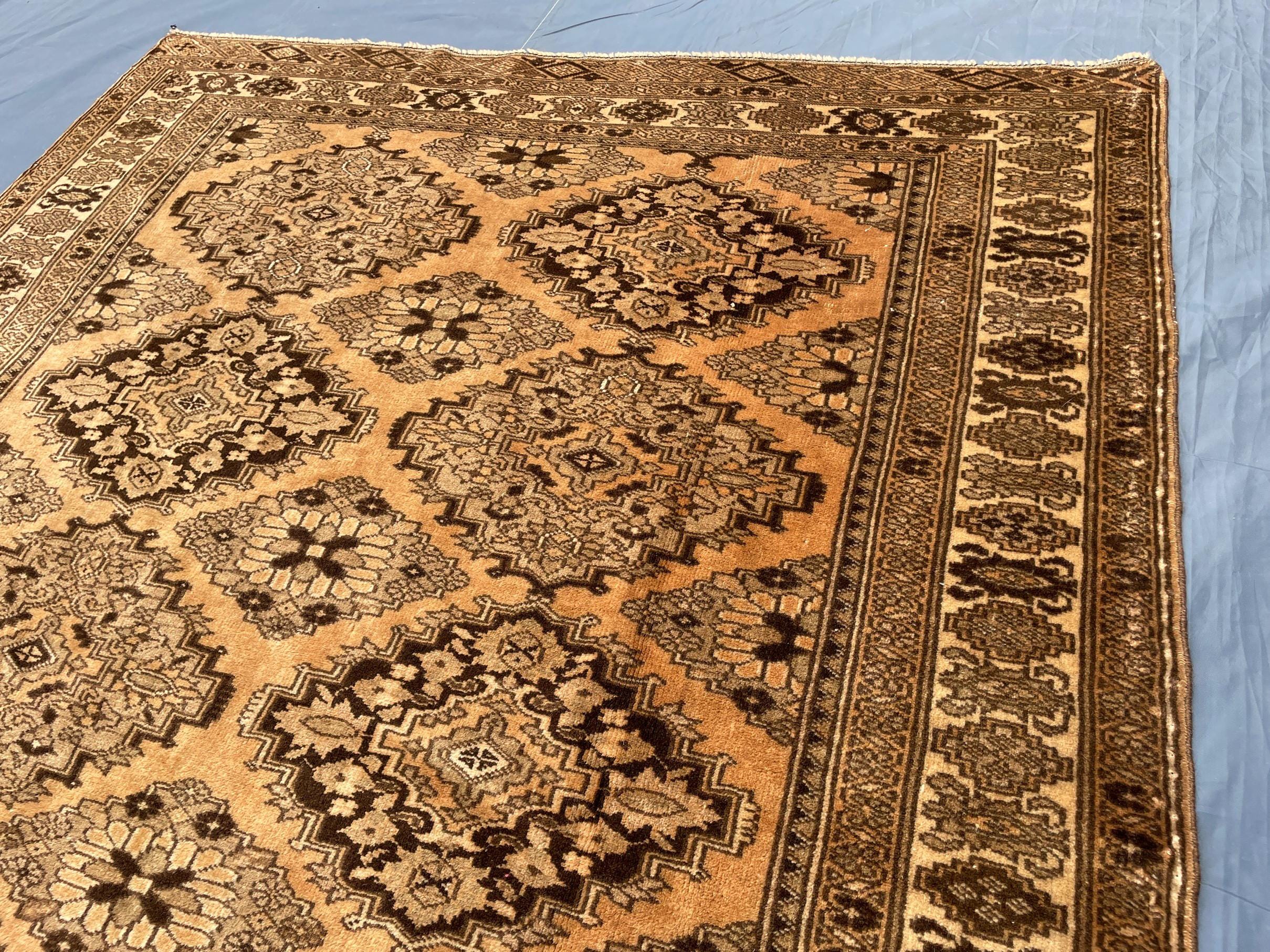Brown Handwoven Antique Afghan Geometric Turkmen Wool Rug - 5.10x 4.4 ft - Rustic Home decor