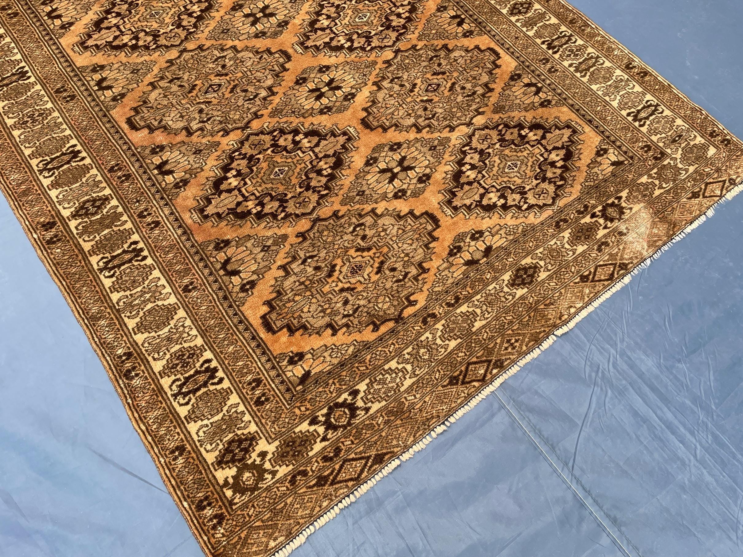 Brown Handwoven Antique Afghan Geometric Turkmen Wool Rug - 5.10x 4.4 ft - Rustic Home decor