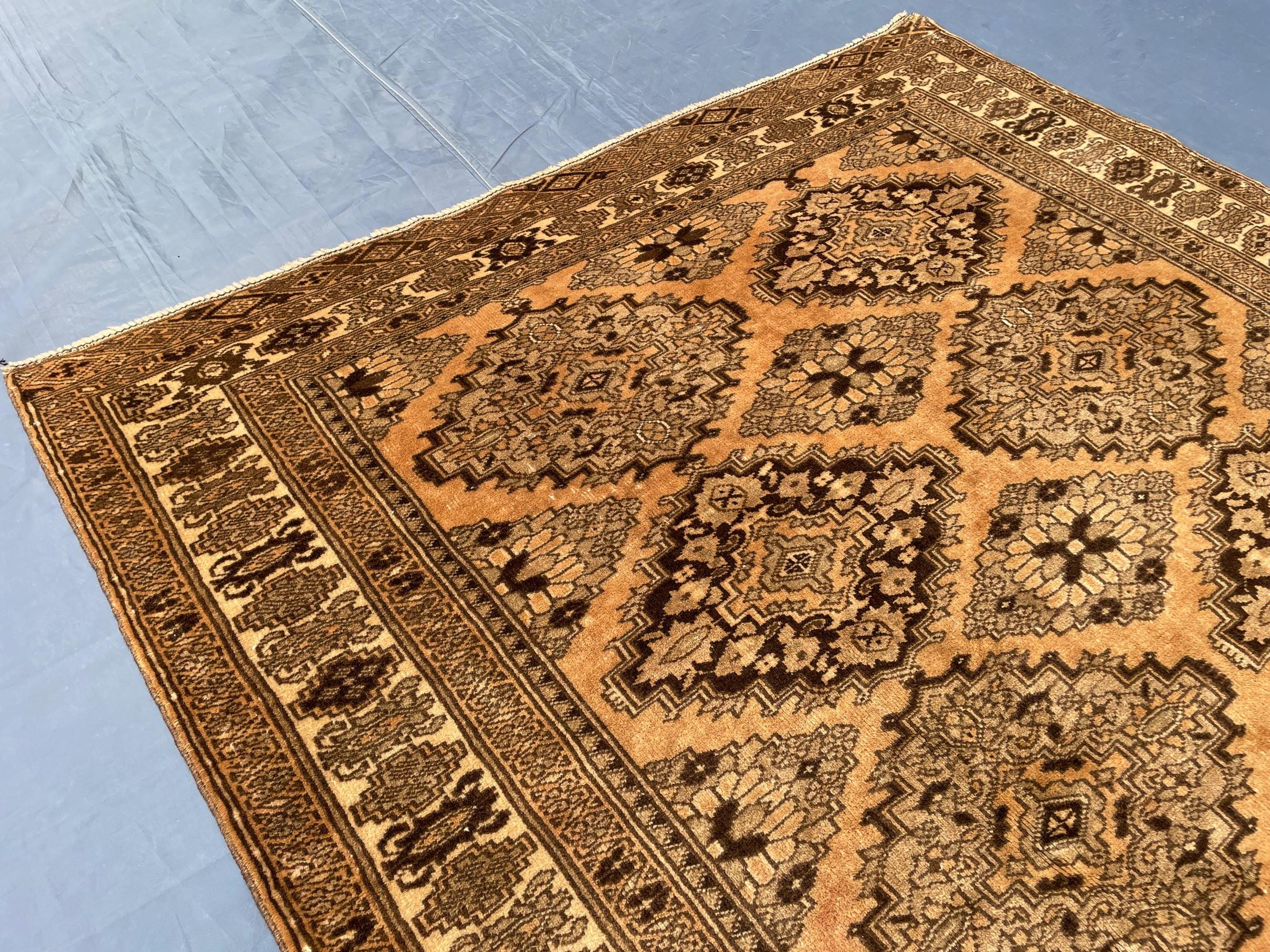 Brown Handwoven Antique Afghan Geometric Turkmen Wool Rug - 5.10x 4.4 ft - Rustic Home decor