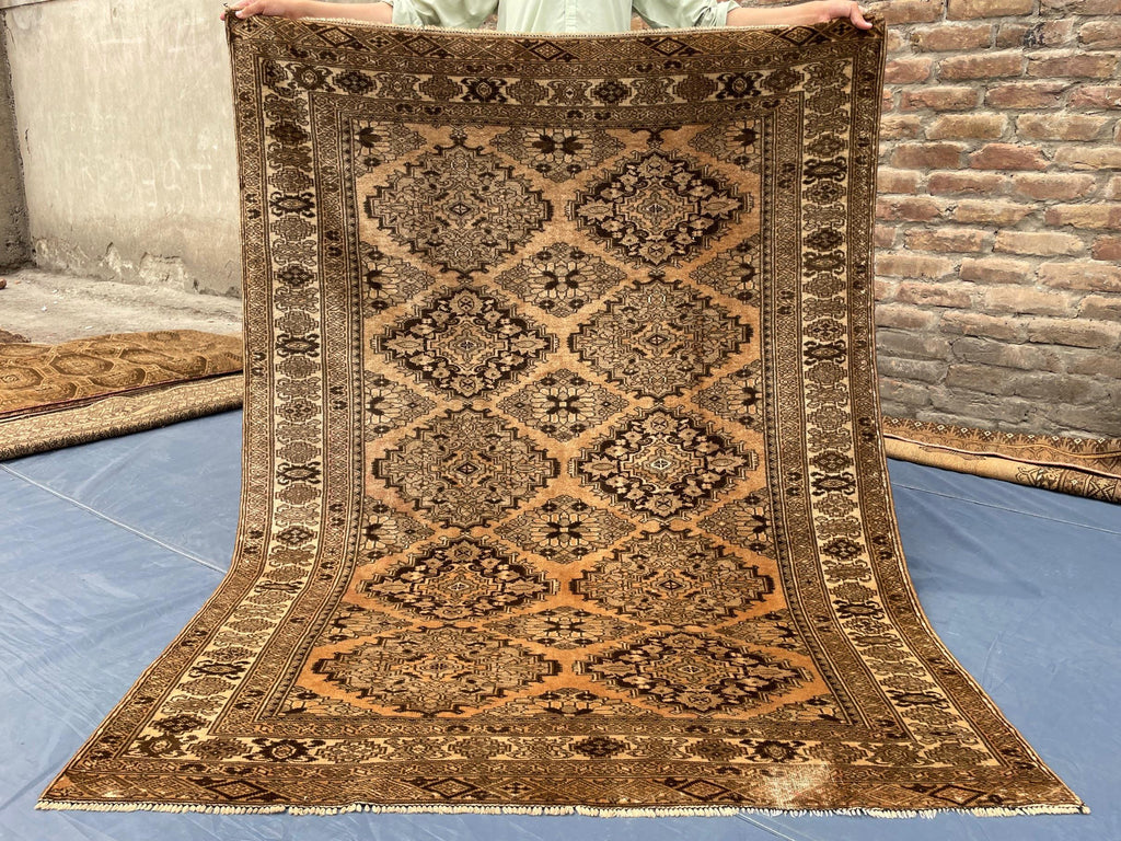 Brown Handwoven Antique Afghan Geometric Turkmen Wool Rug - 5.10x 4.4 ft - Rustic Home decor