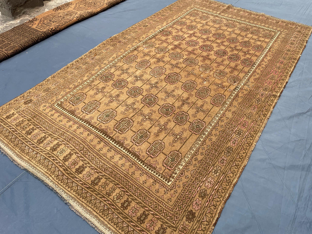 5x9 ft Antique Brown Afghan Handmade Tribal Wool Geometric Carpet - Living Room Decor