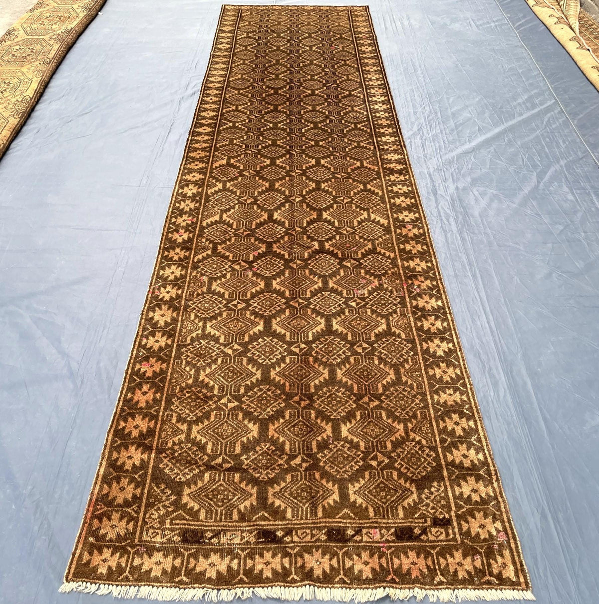 3x12 ft Long Vintage Rustic Brown Handwoven Wool Hallway Rug - Boho Home Decor