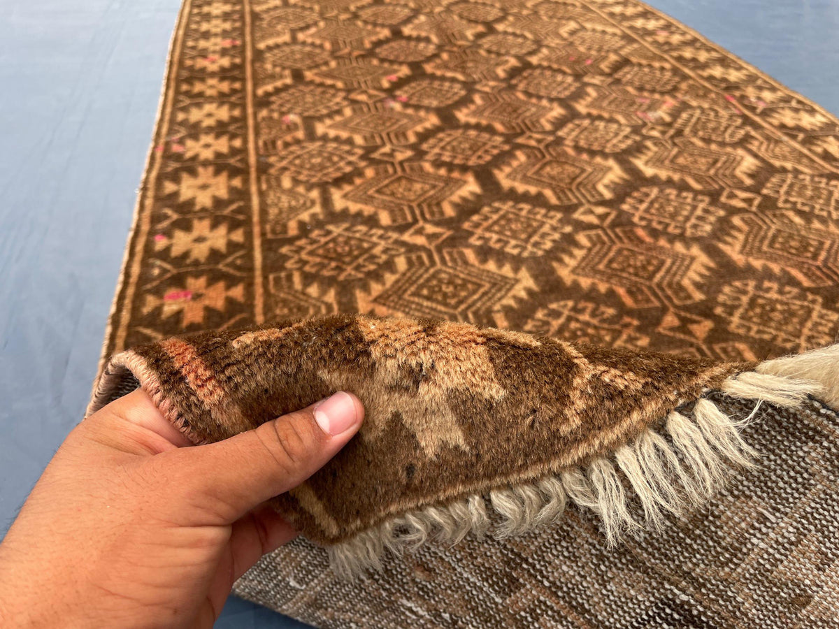 3x12 ft Long Vintage Rustic Brown Handwoven Wool Hallway Rug - Boho Home Decor