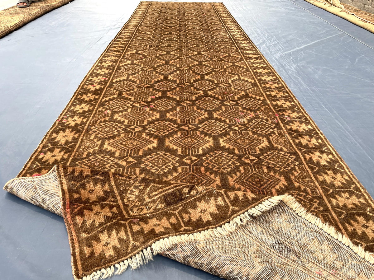 3x12 ft Long Vintage Rustic Brown Handwoven Wool Hallway Rug - Boho Home Decor