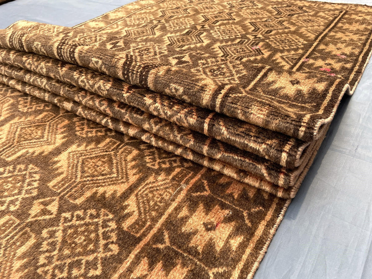 3x12 ft Long Vintage Rustic Brown Handwoven Wool Hallway Rug - Boho Home Decor