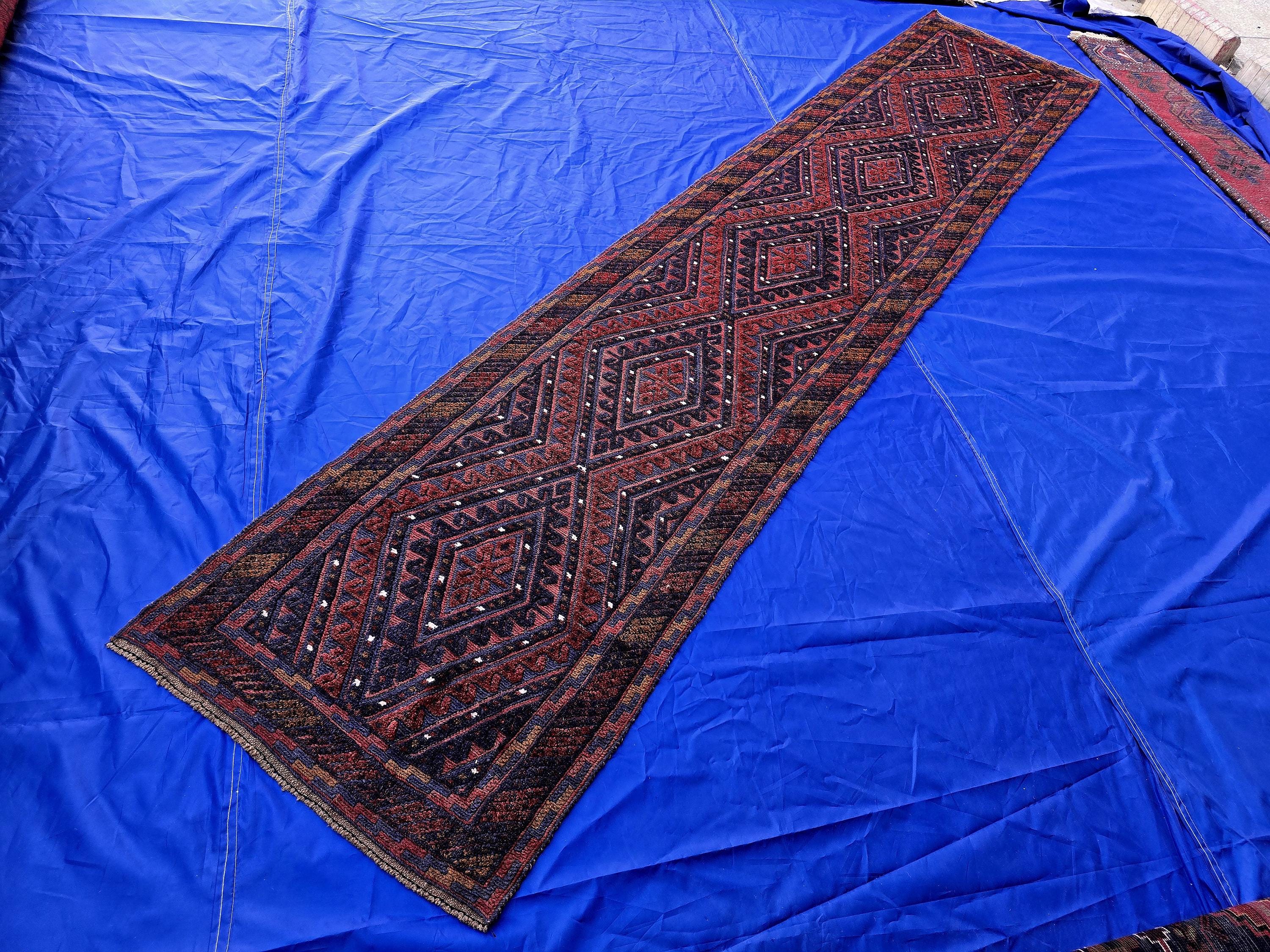 Rustic Red Navy 2.5×12 ft Vintage Mashwari Kilim Runner Rug