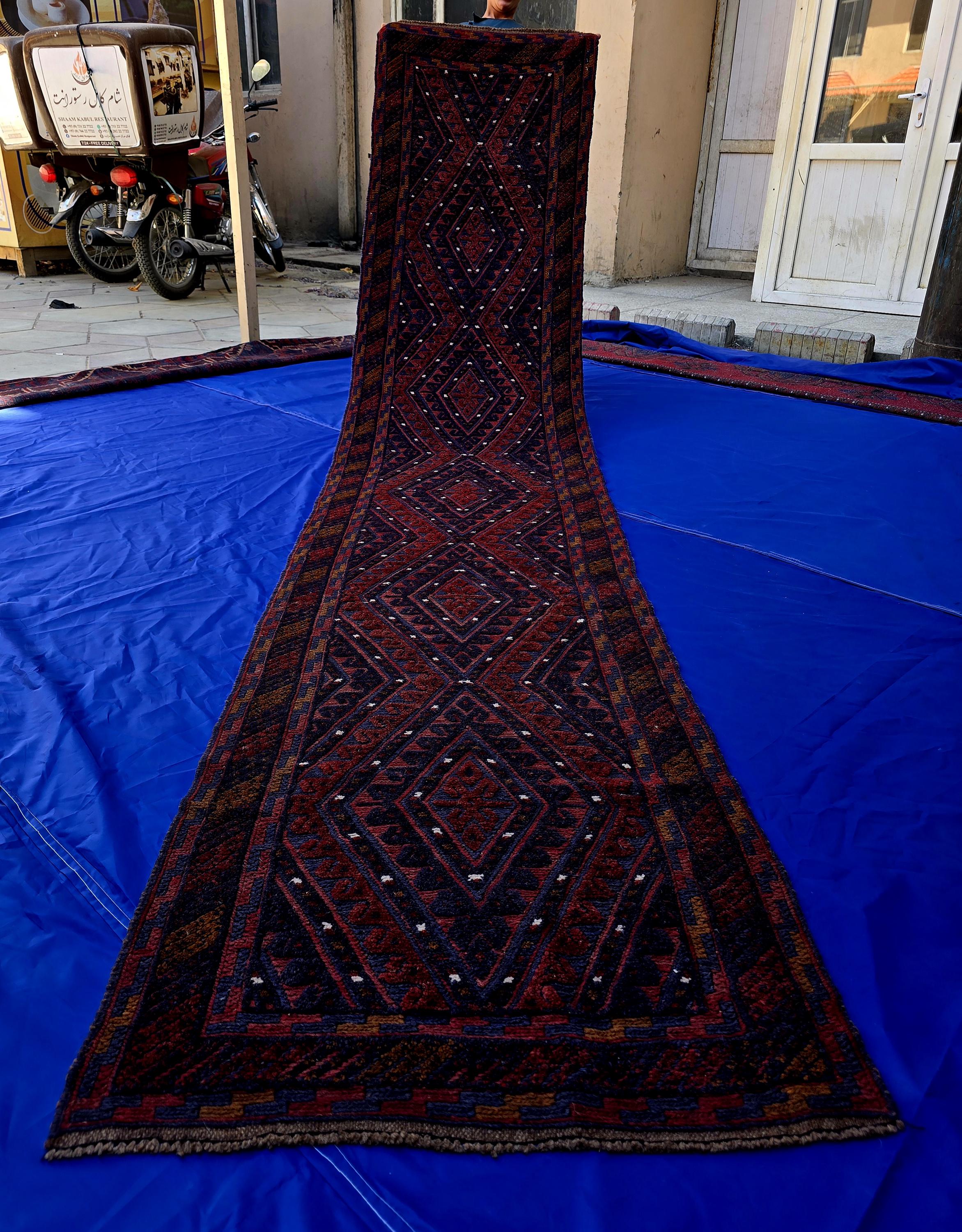 Rustic Red Navy 2.5×12 ft Vintage Mashwari Kilim Runner Rug