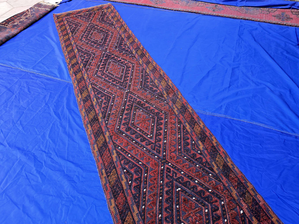 Rustic Red Navy 2.5×12 ft Vintage Mashwari Kilim Runner Rug