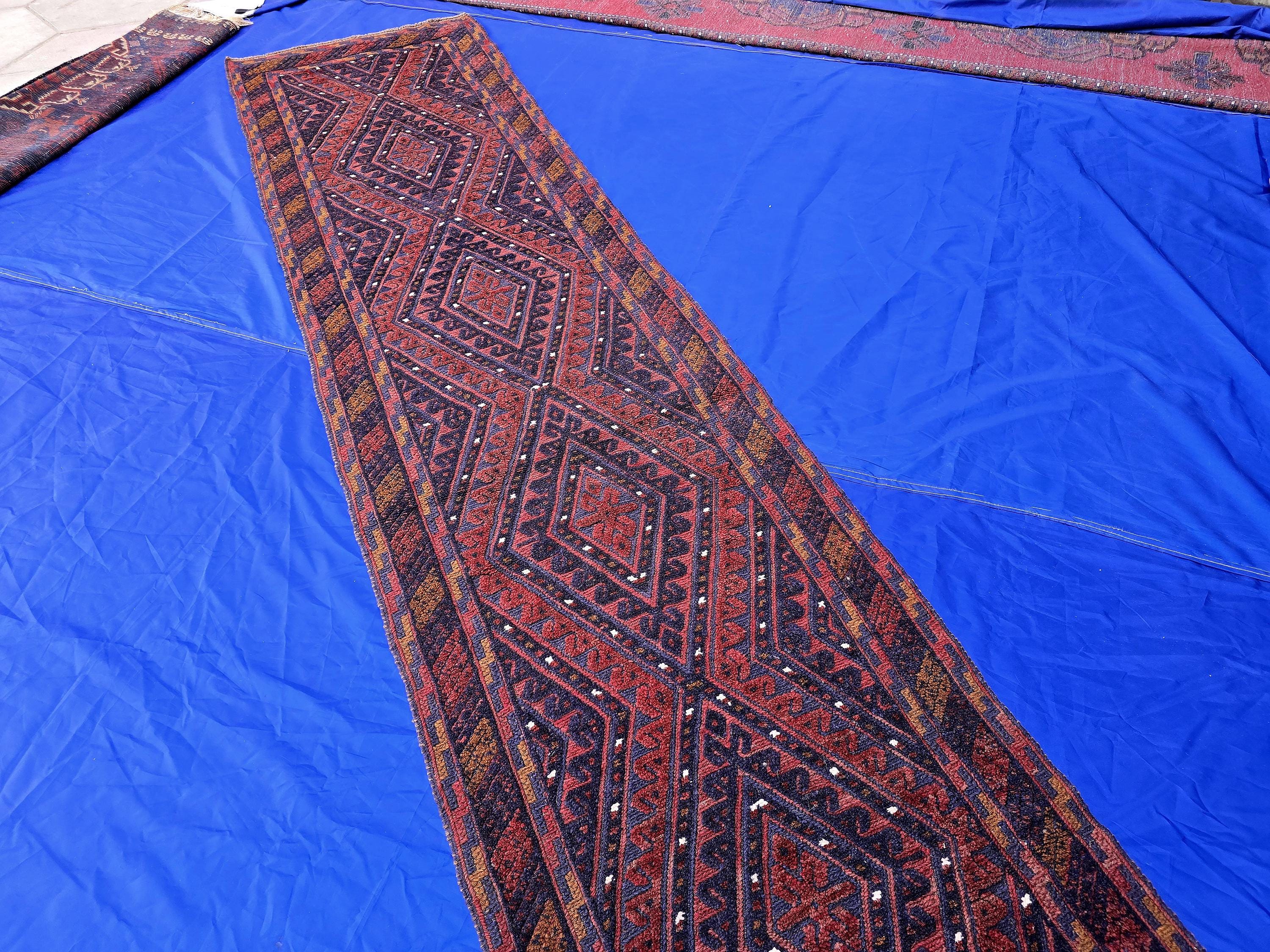 Rustic Red Navy 2.5×12 ft Vintage Mashwari Kilim Runner Rug
